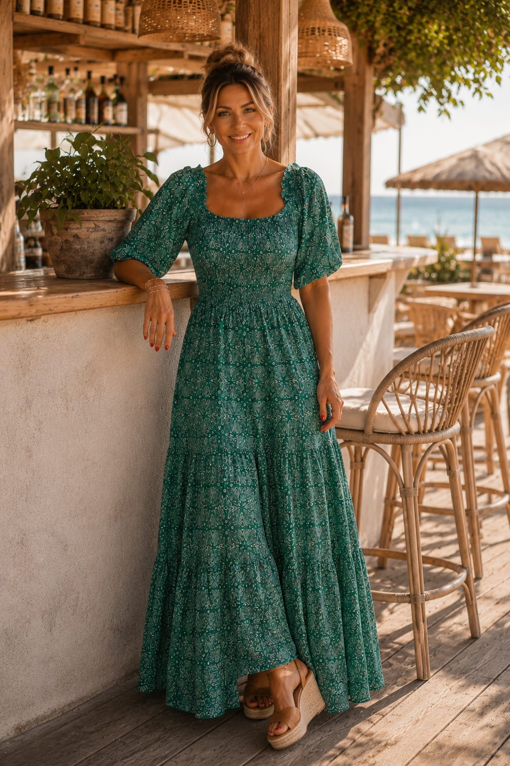 Vestido Lucca. Verde esmeralda, verde agua y blanco.