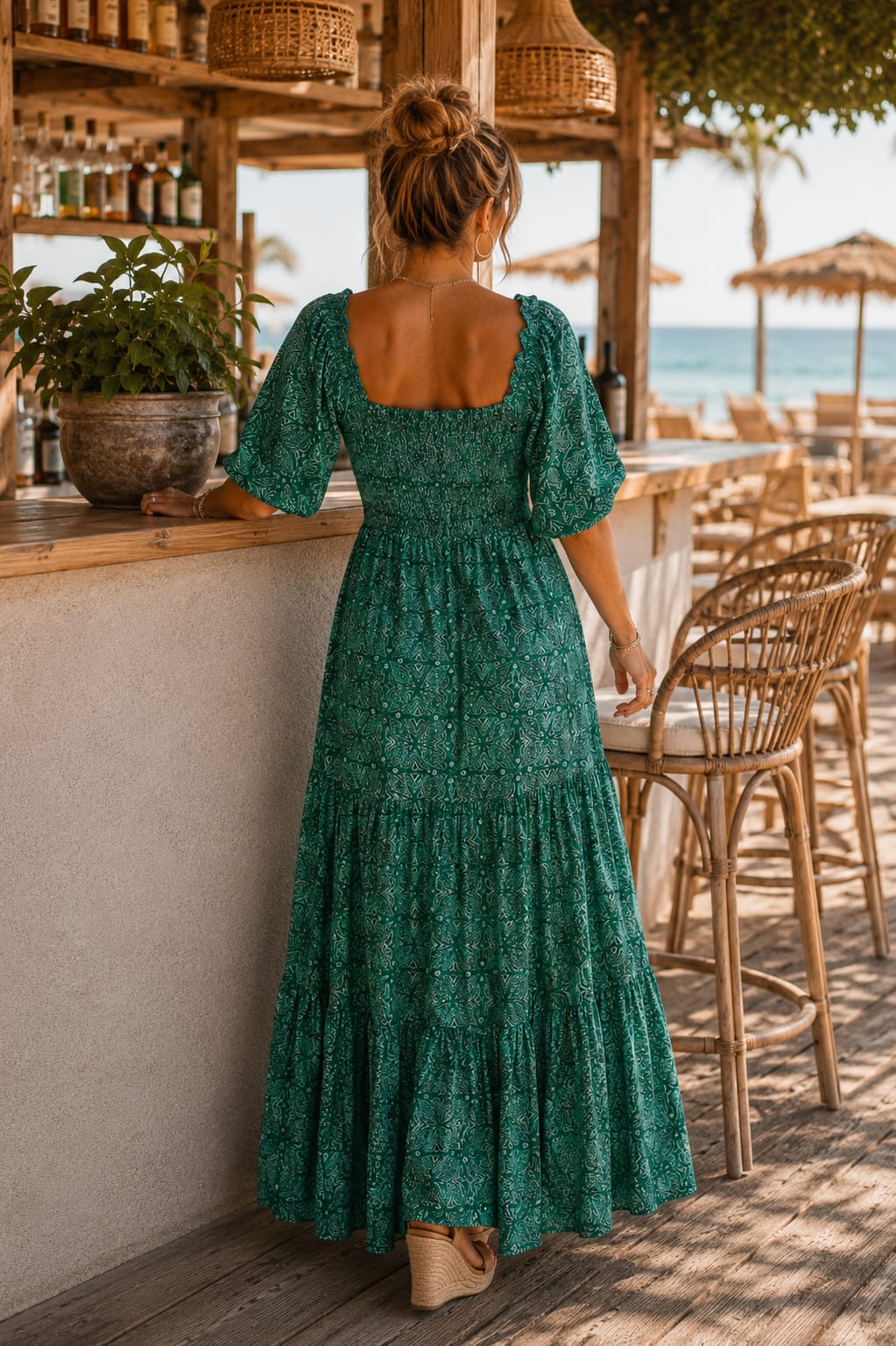 Vestido Lucca. Verde esmeralda, verde agua y blanco.