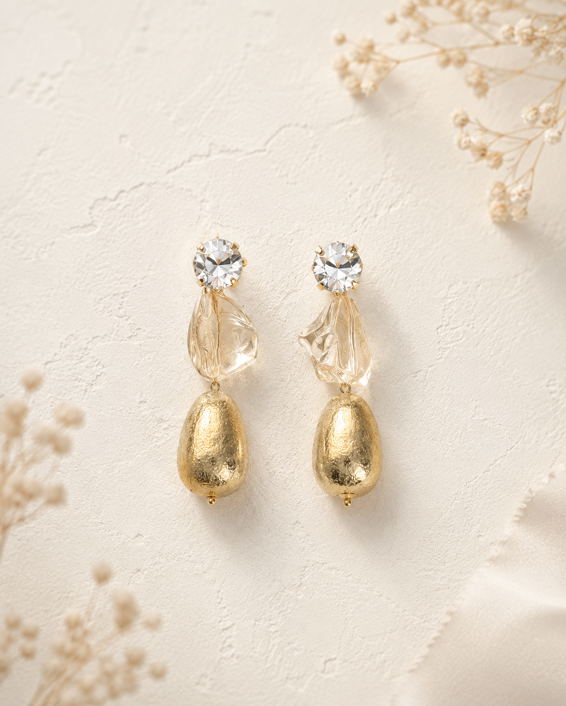 Pendientes Quetzal. Cristal, Champán y Dorado.