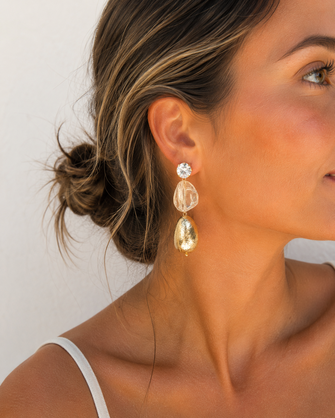 Pendientes Quetzal. Cristal, Champán y Dorado.