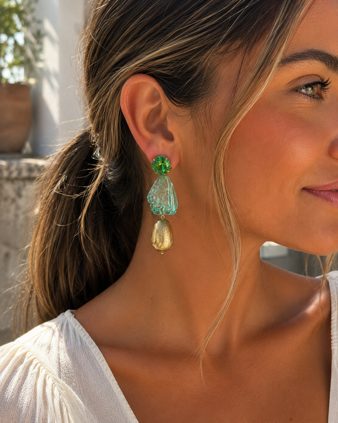 Pendientes Quetzal. Verde Esmeralda, Verde agua y Dorado.