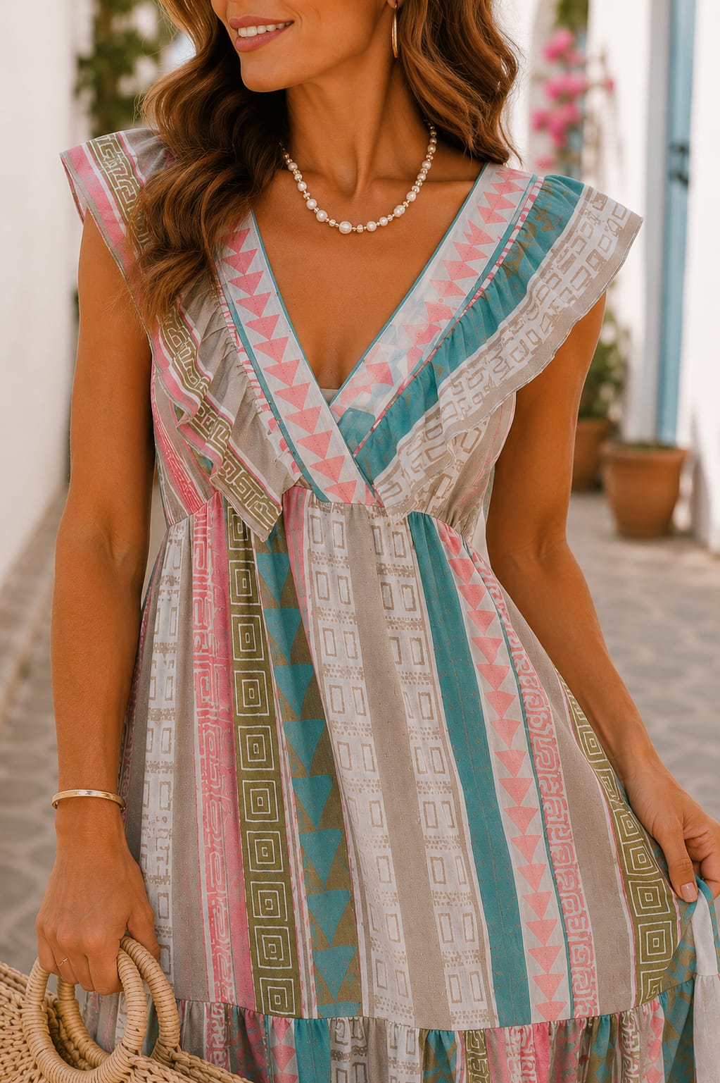 Vestido Alegría. Rosa coral, turquesa, beige arena, blanco roto y verde oliva.
