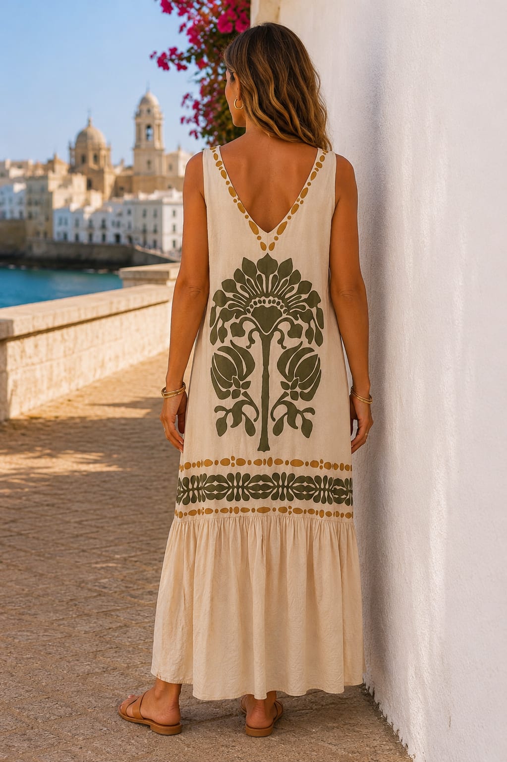Vestido Capri. Beige, Mostaza y Verde Oscuro.