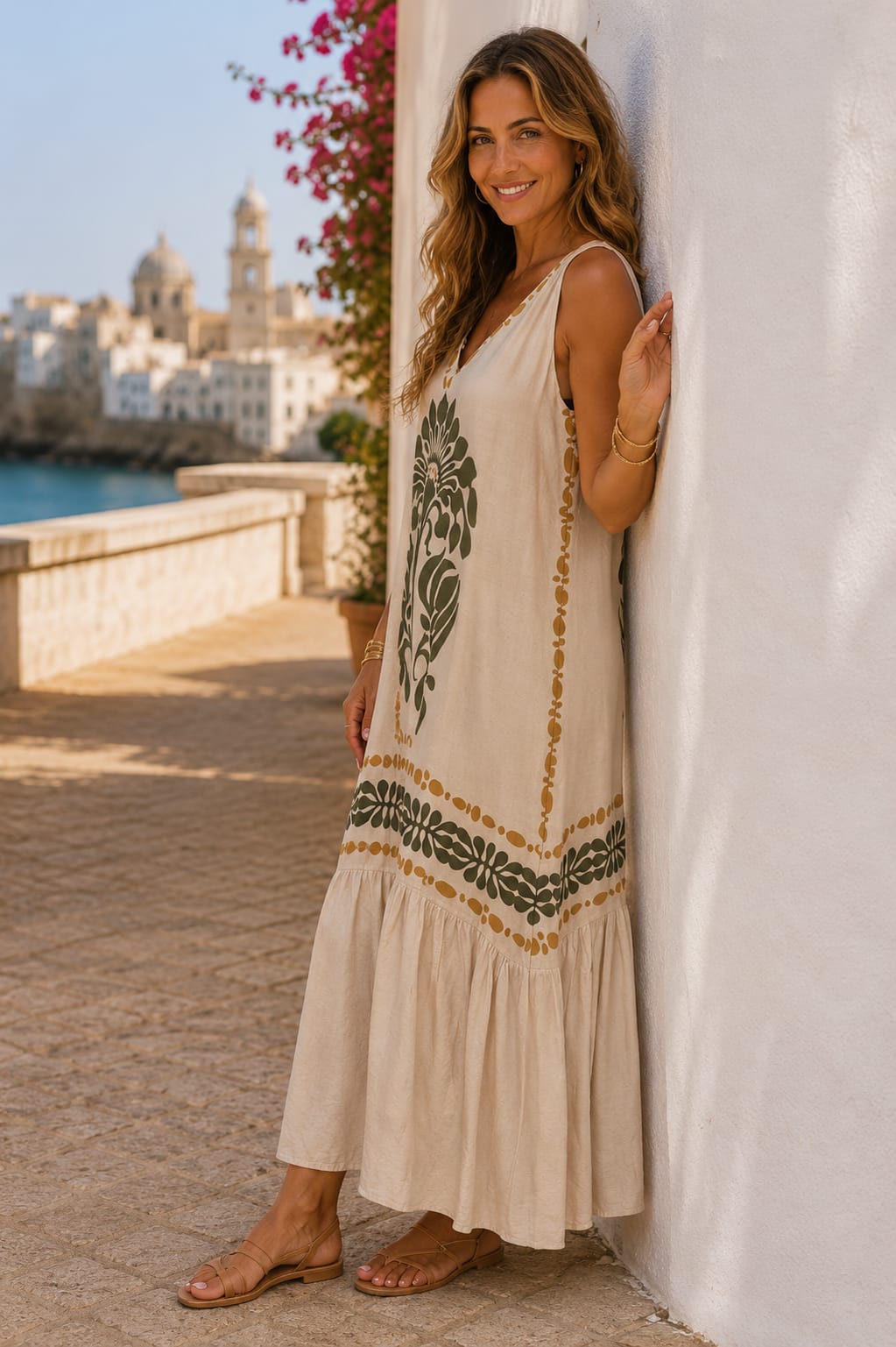 Vestido Capri. Beige, Mostaza y Verde Oscuro.