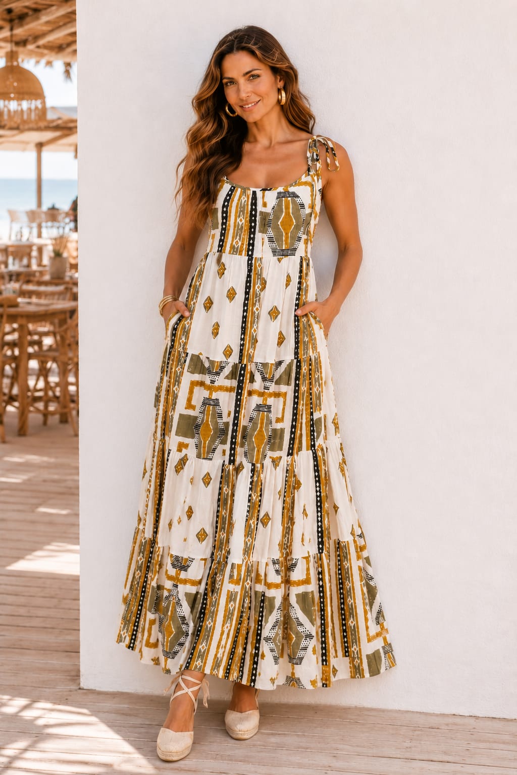 Vestido Mencía. Blanco roto, Mostaza, Verde oliva y Negro.