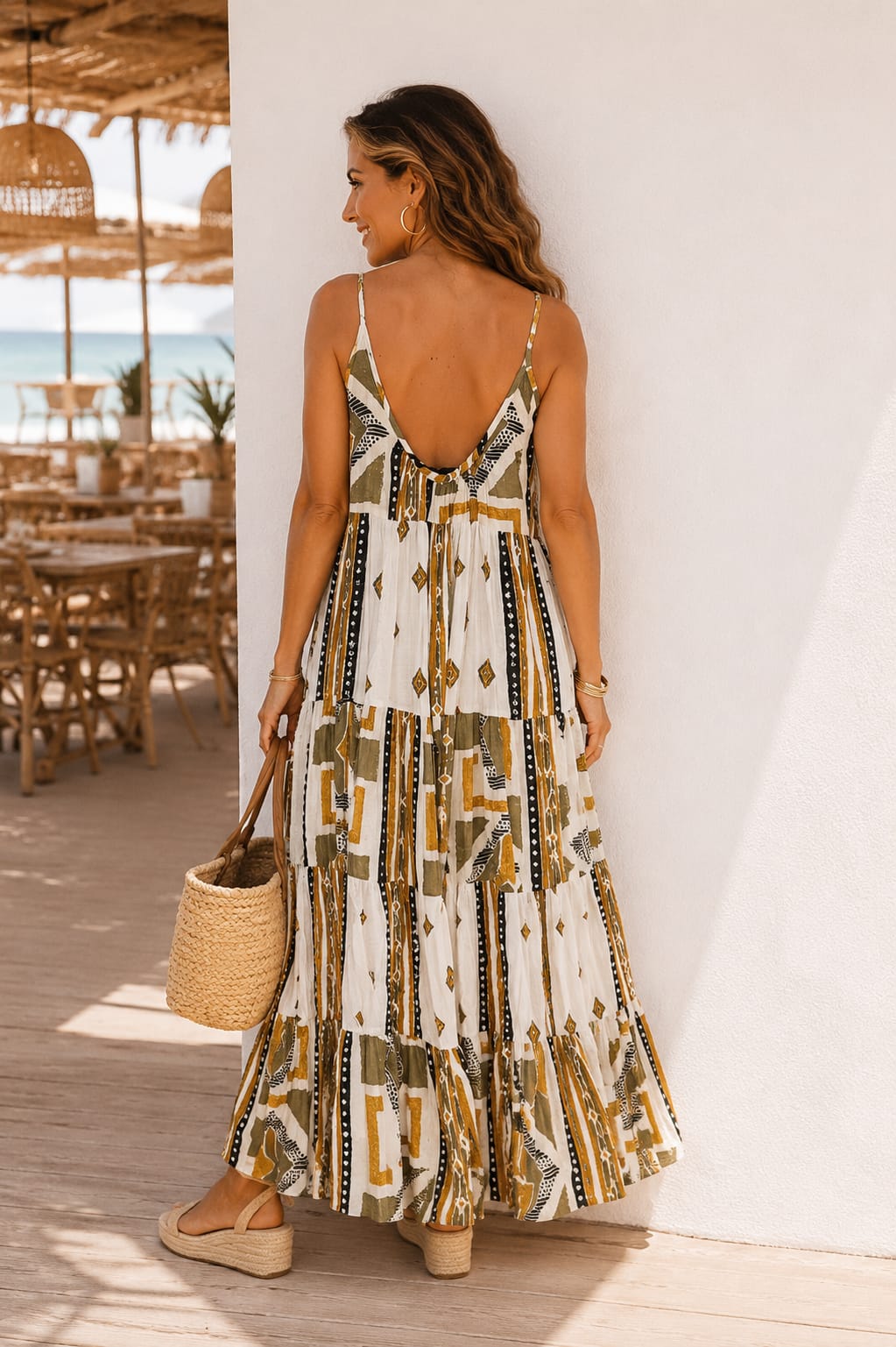 Vestido Mencía. Blanco roto, Mostaza, Verde oliva y Negro.