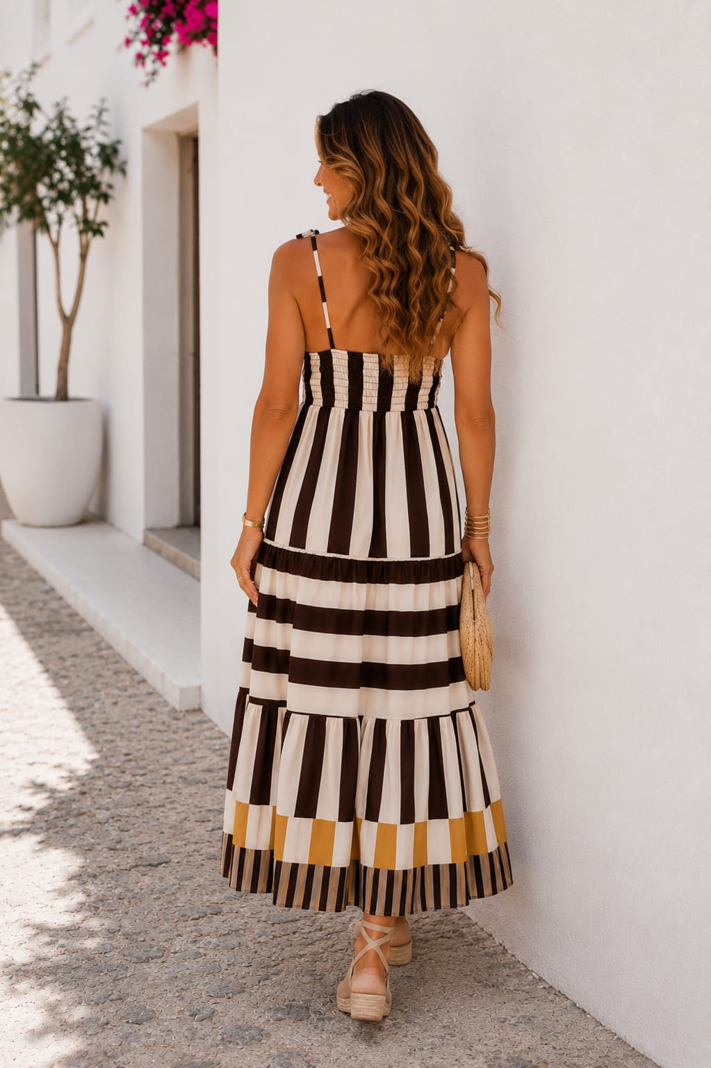 Vestido Bruna. Marrón Chocolate, Crudo y Mostaza.