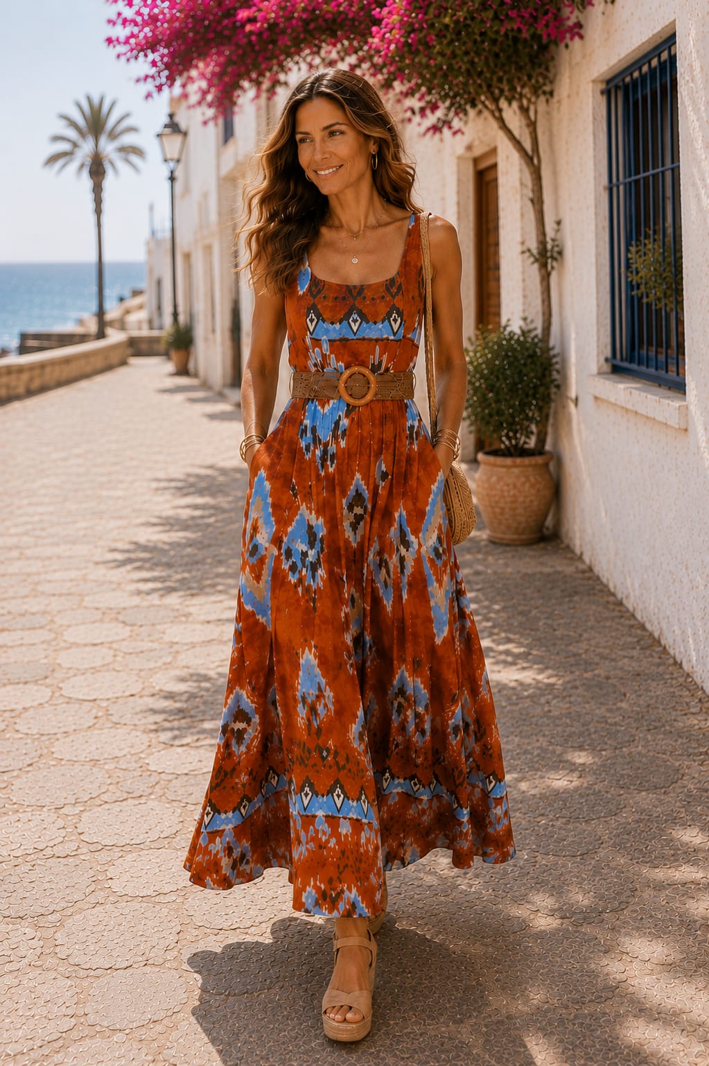 Vestido Nayara. Teja, Azul cielo, Negro y Blanco roto