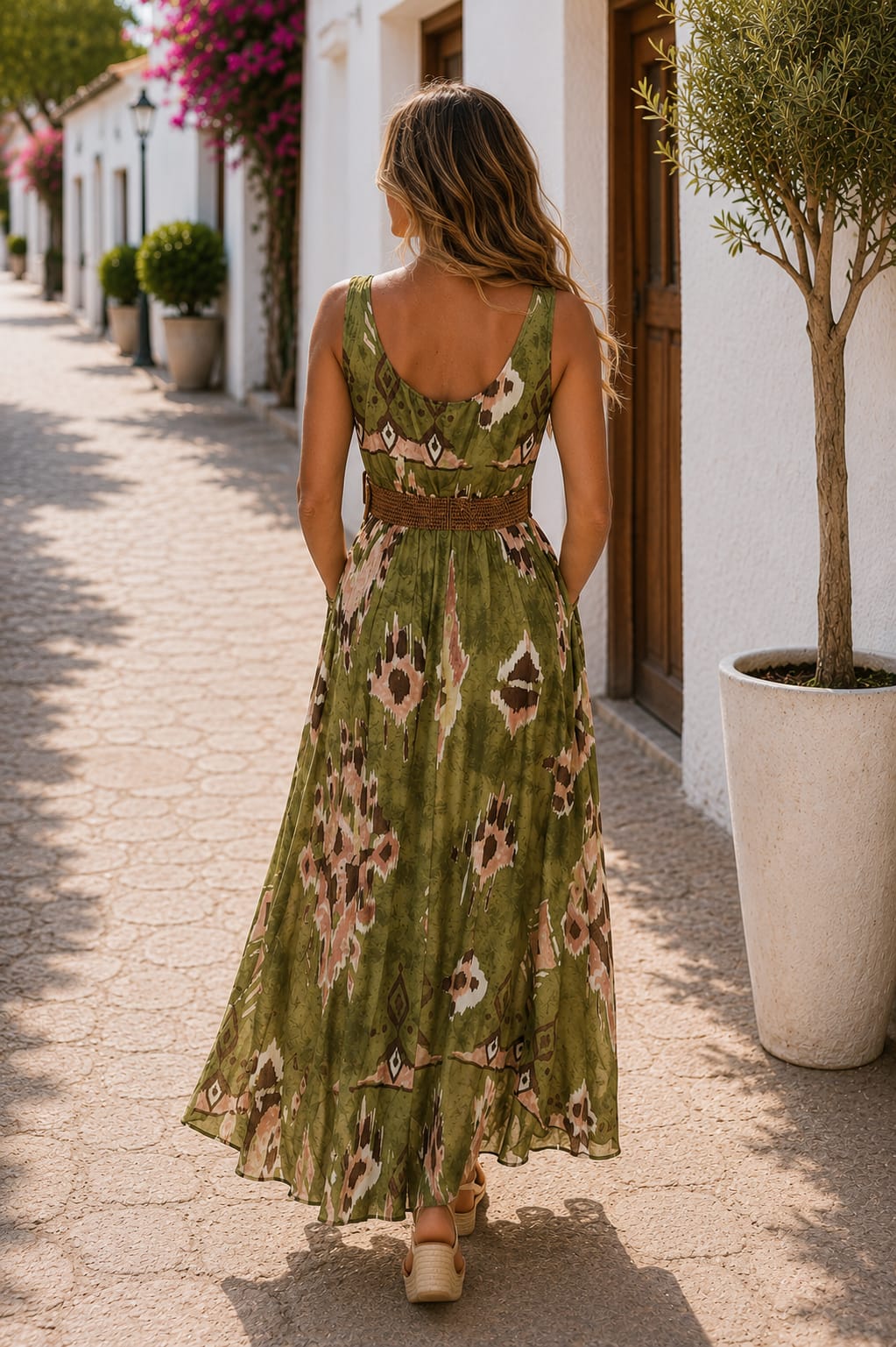 Vestido Nayara. Verde oliva, Rosa empolvado, Marrón chocolate y Blanco roto.