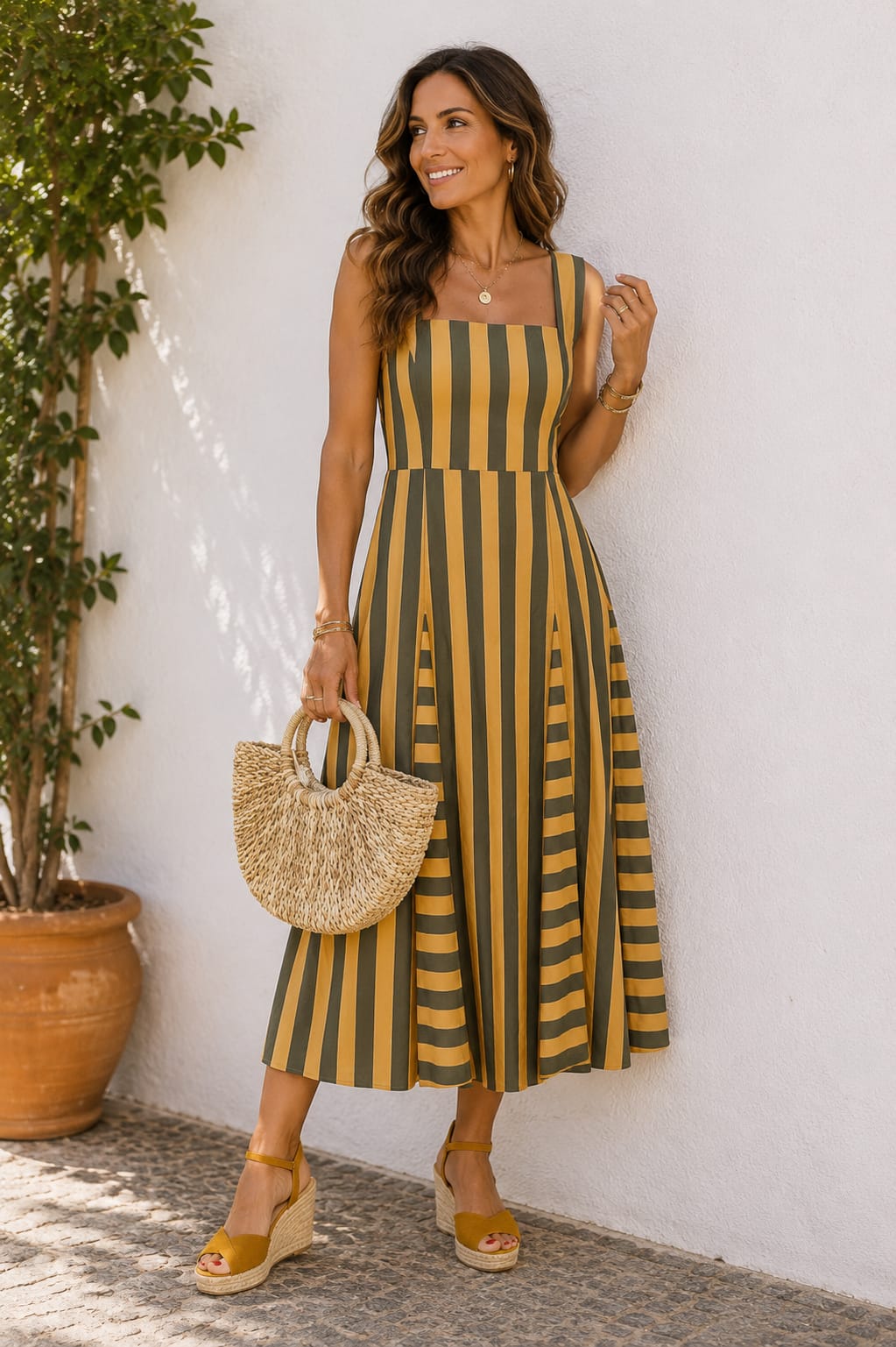 Vestido Amelia. Mostaza y Verde Kaki.