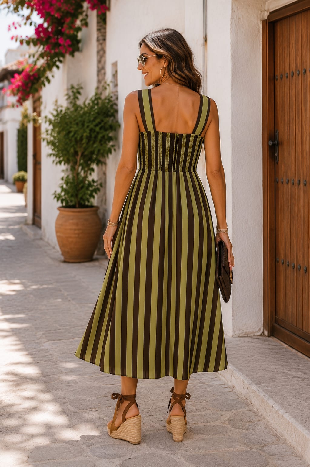 Vestido Amelia. Verde Oliva y Marrón Chocolate.