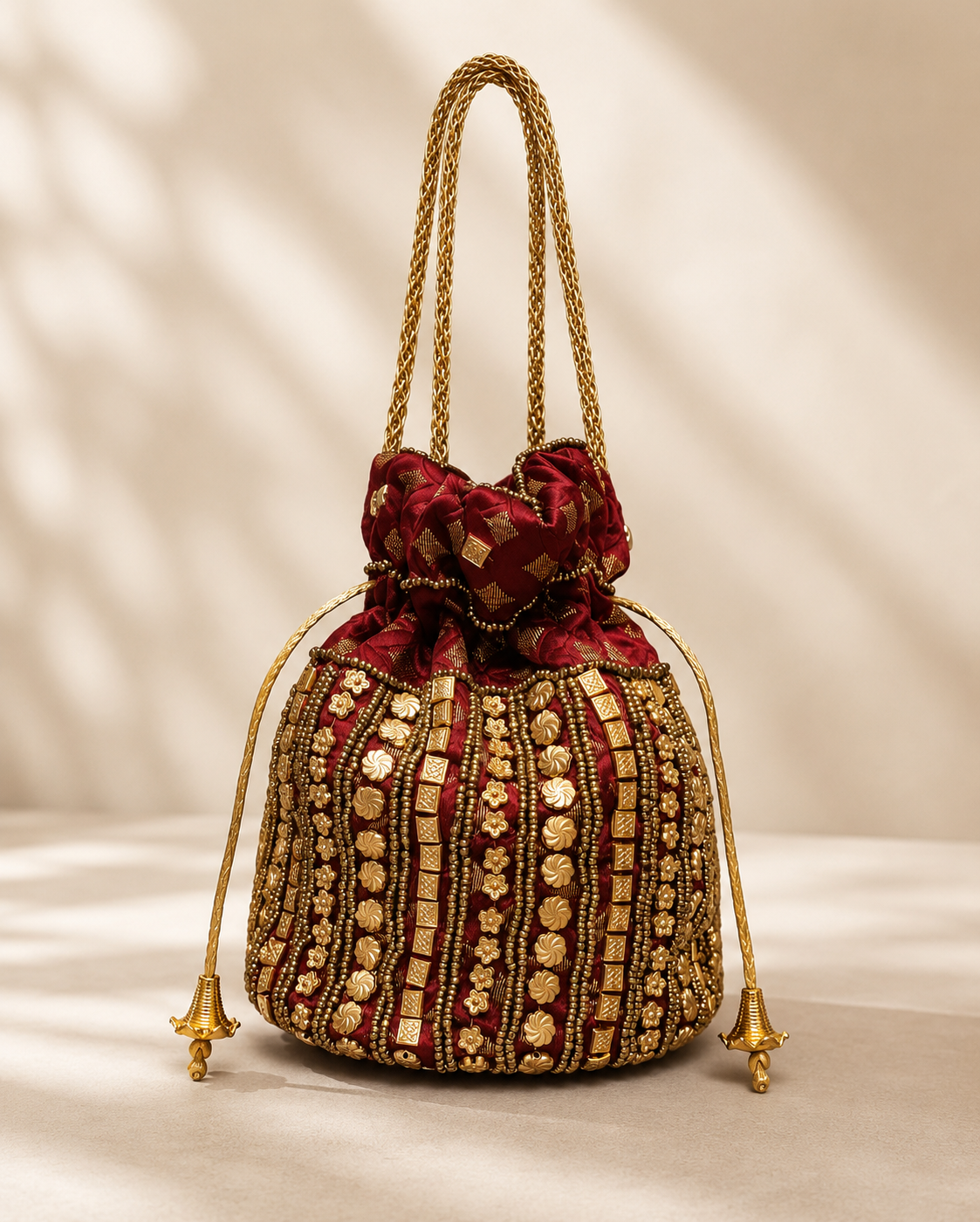 Bolso Saquito Iria. Burdeos y Dorado envejecido.