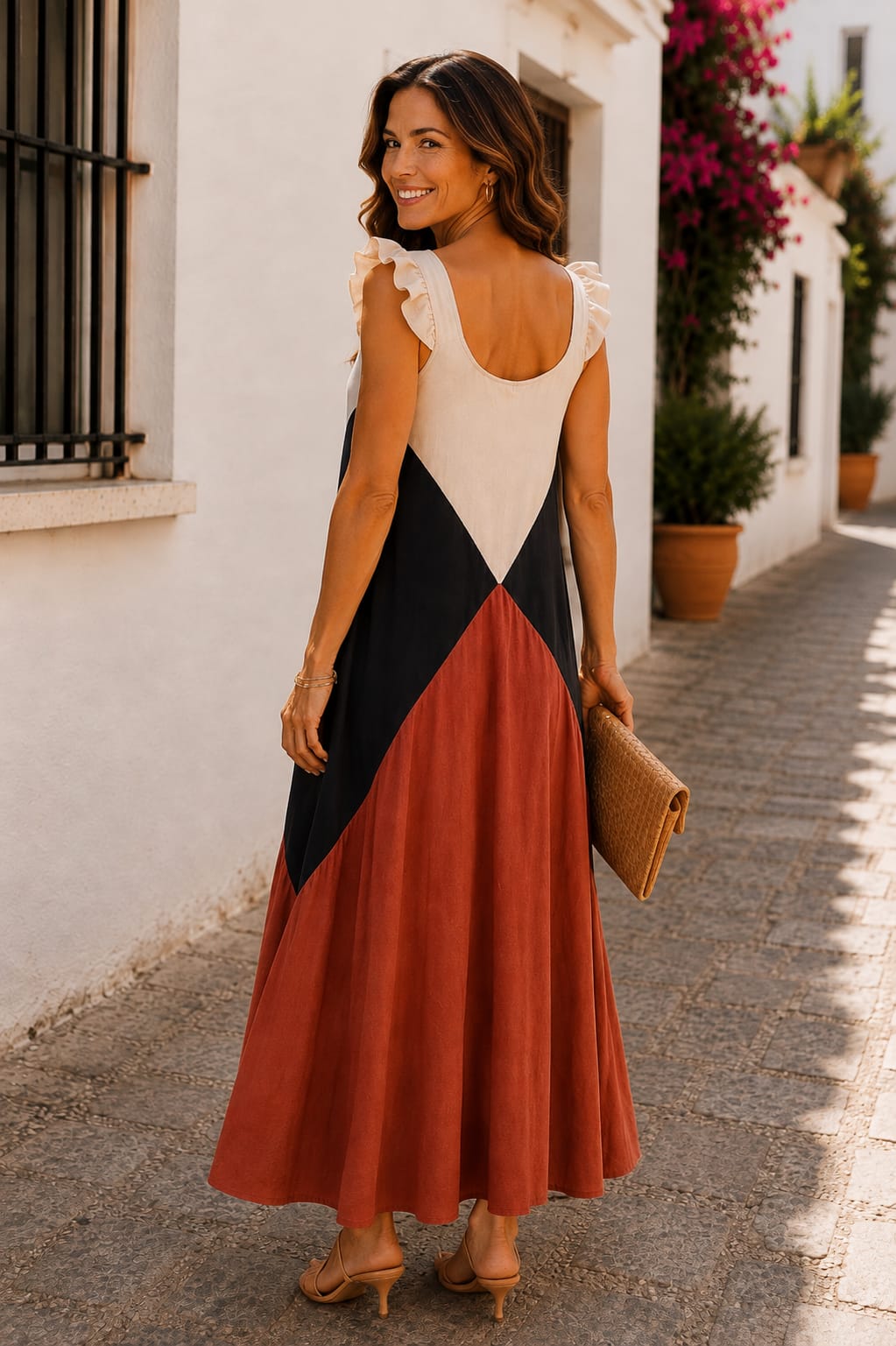 Vestido Abril. Teja, Negro y Blanco Roto.