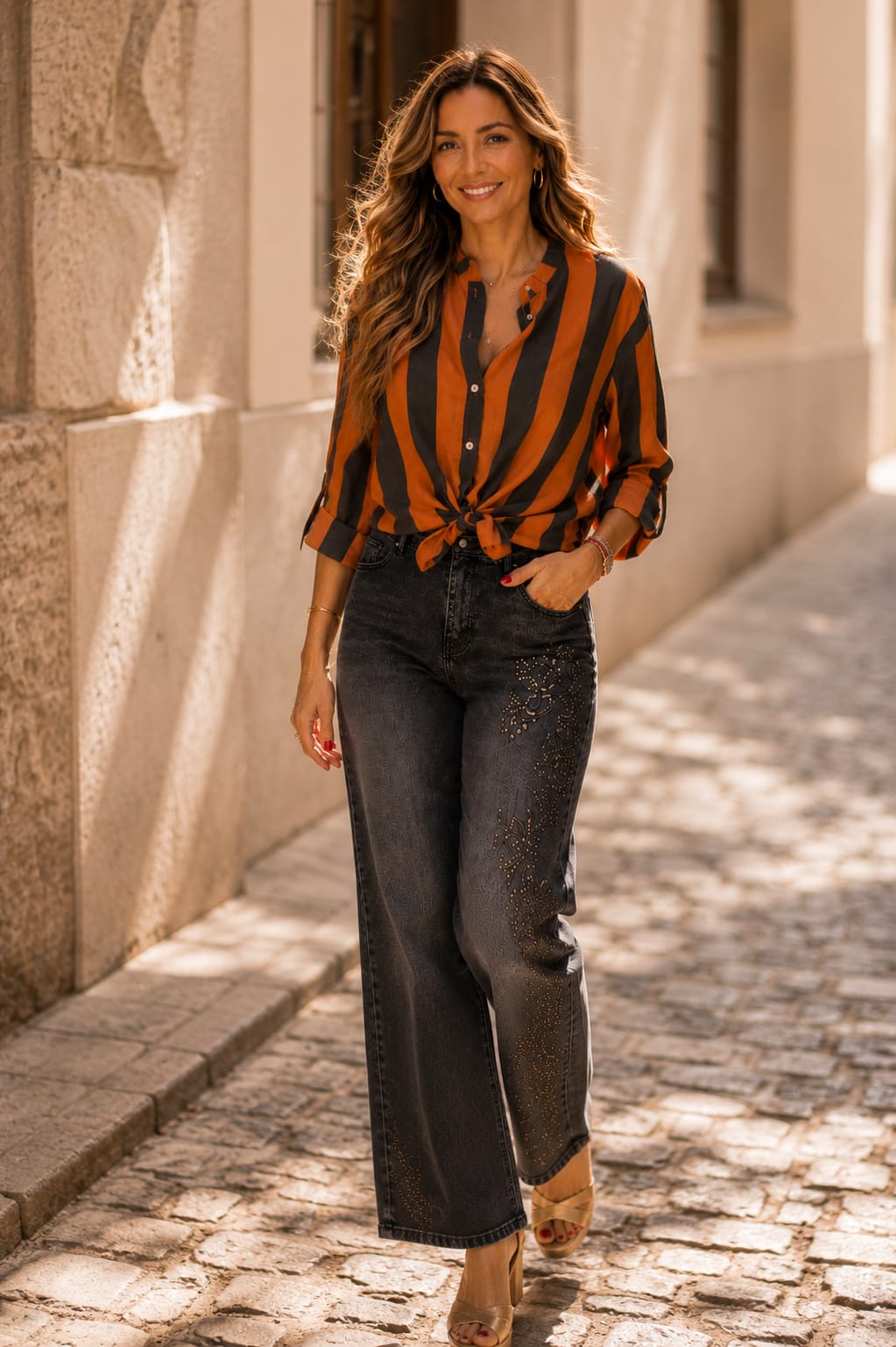 Blusa Arabella. Mandarina y Gris Oscuro.