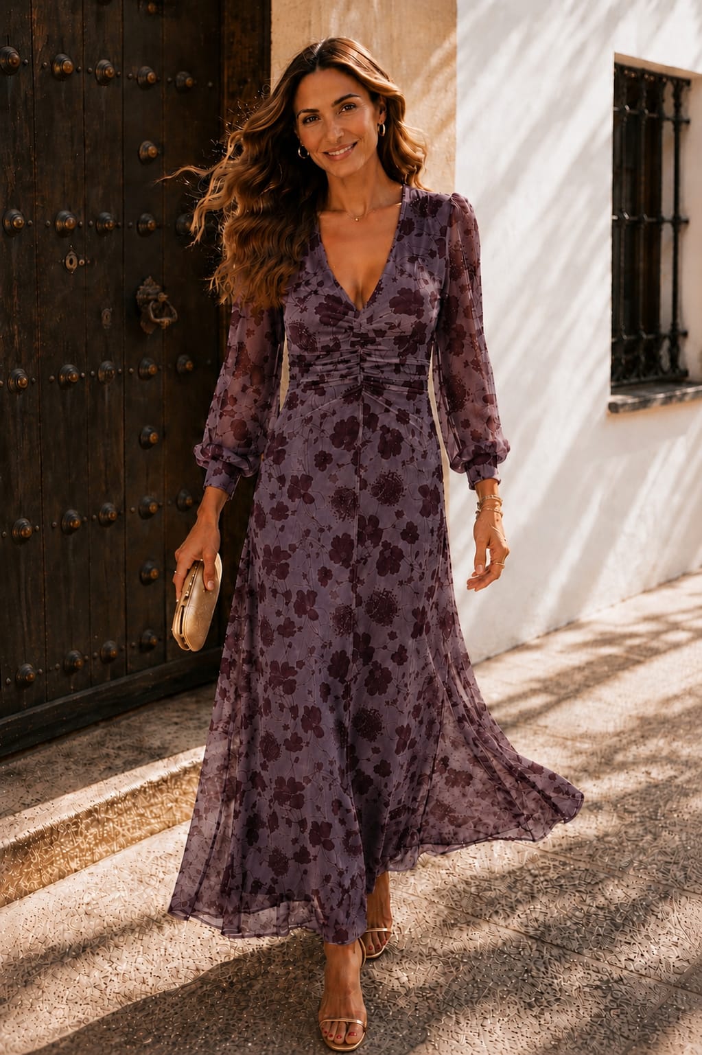 Vestido Dafne. Malva empolvado con estampado floral burdeos.