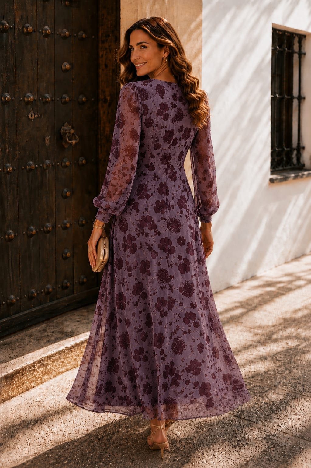 Vestido Dafne. Malva empolvado con estampado floral burdeos.