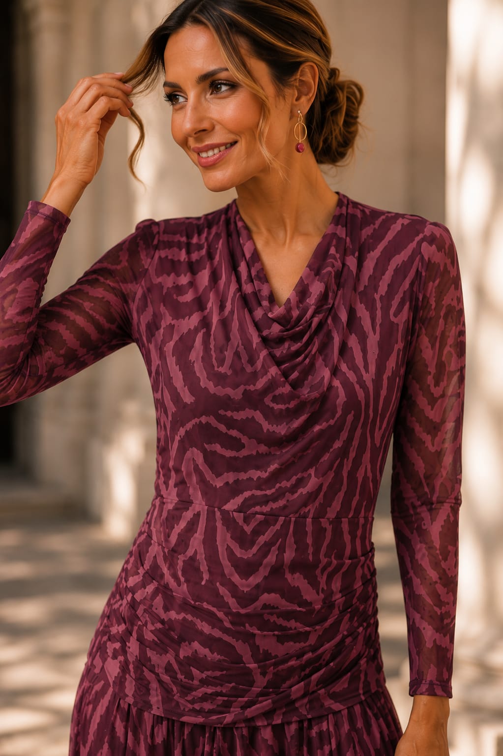 Vestido Elisa. Burdeos con Rosa malva.