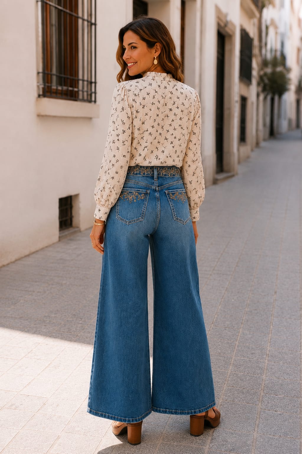 Blusa Elvira. Crema y detalles marrones.