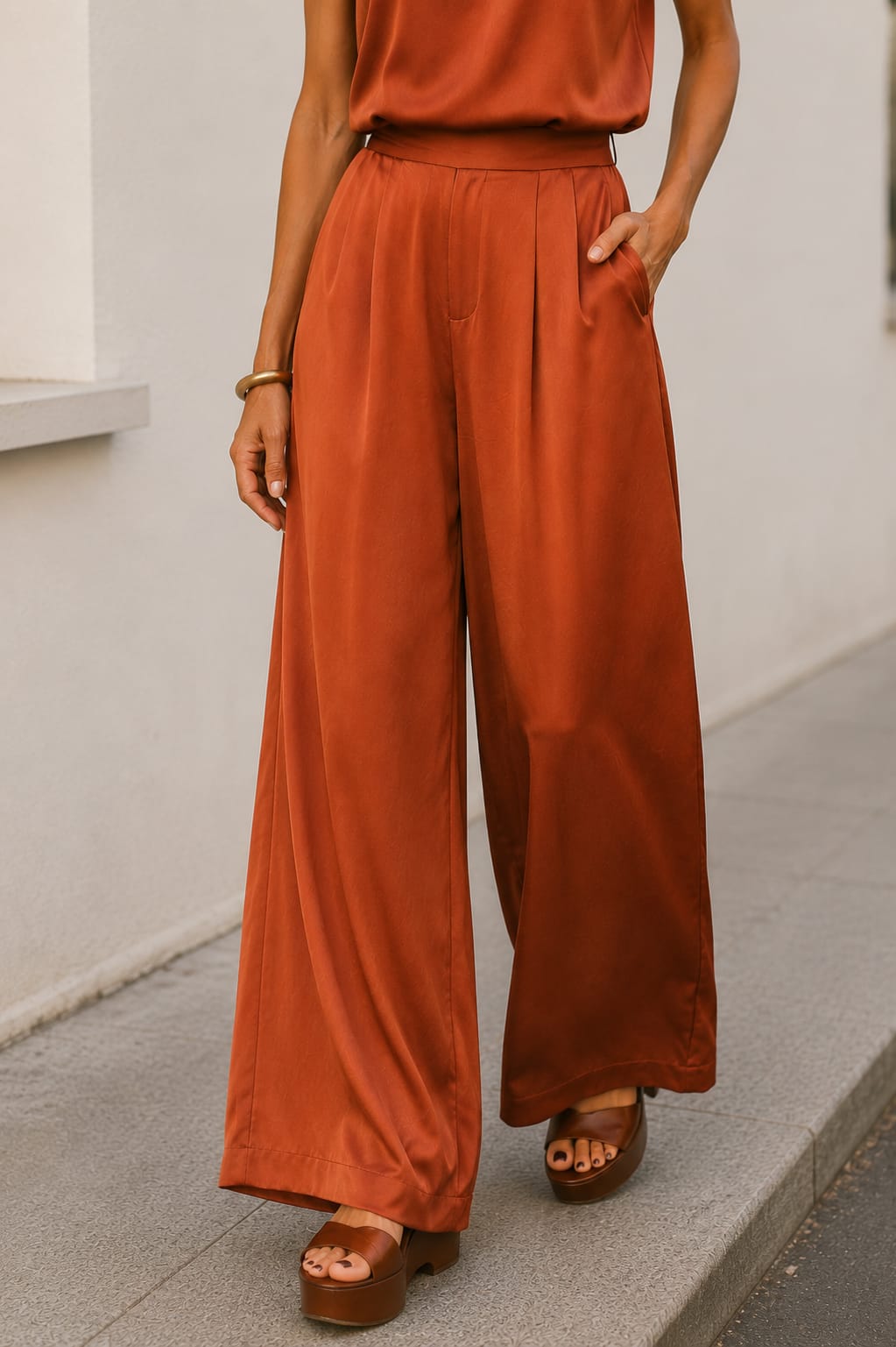 Pantalón de Satén Flora. Teja.