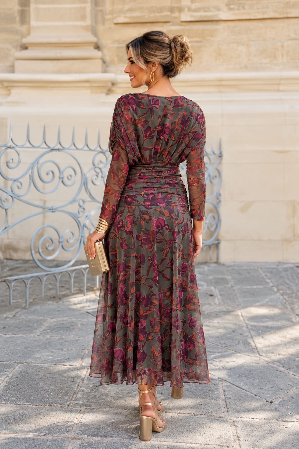 Vestido Viviana. Verde, Burdeos, Fucsia, Teja y pequeños toques Naranja.